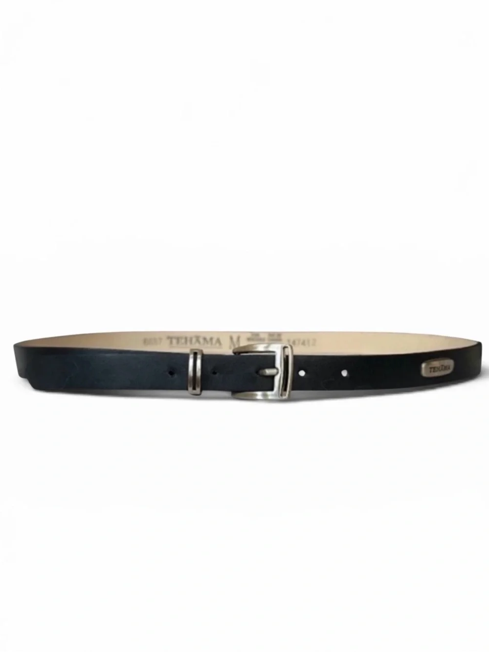 NEW TEHAMA Black Leather Belt with Silver Buckle Size Medium